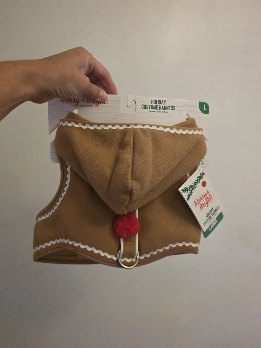 Tan Dog Hoodie Harness with Decorative Pom-Poms